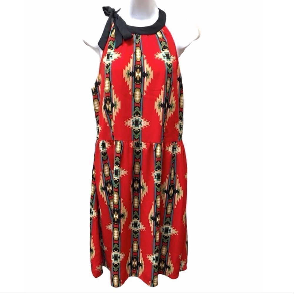 nico LA Ikat Pattern Tie Neckline Sleeveless Halter Dress